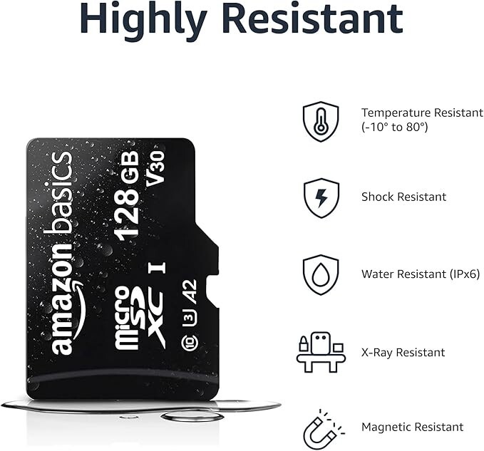 Amazon Basics MicroSDXC - A2, U3, 100 MB/s - 128GB Memory Card w/ Adapter