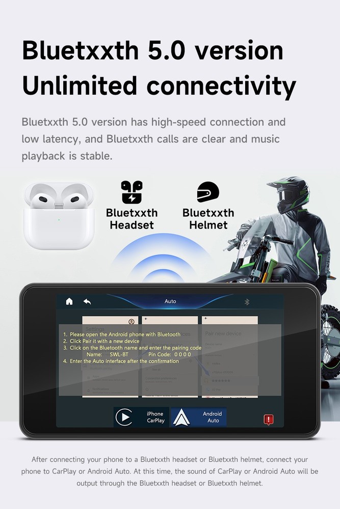 5" Waterproof Motorcycle Navigator Portable Wireless CarPlay Android Auto Screen