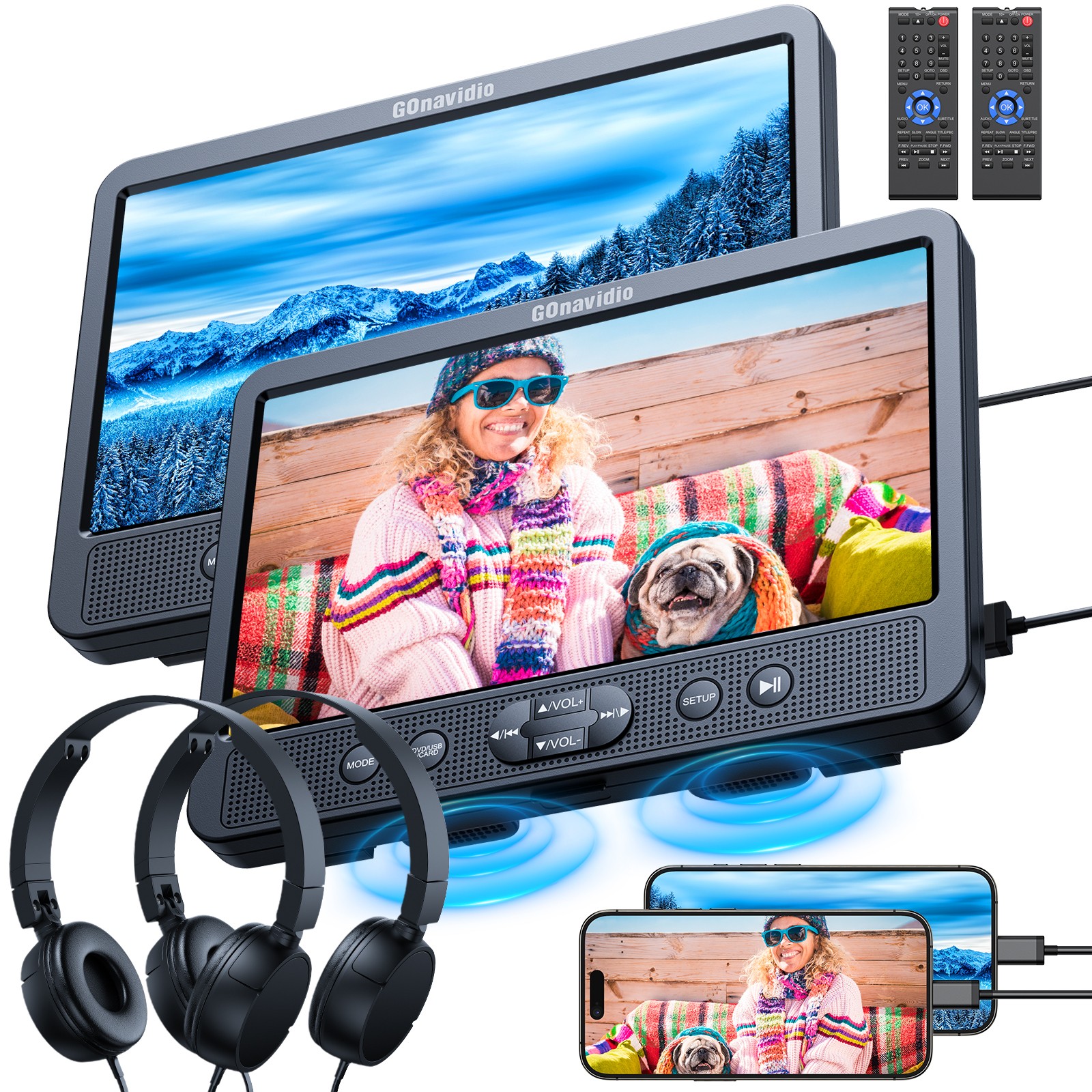 2X10.5" Full HD Screen Car Headrest DVD Player TV Monitor USB HDMI w/ Headsets