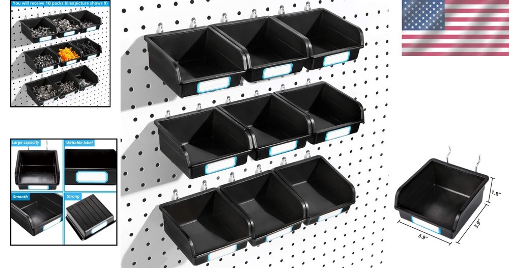 10-Pack Black Pegboard Bins with Metal Hooks & Labels - Durable Storage Solution