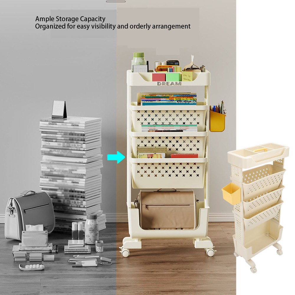Rolling Book Cart 5 Tier PP Multi-Functional Movable Storage Book Rack White