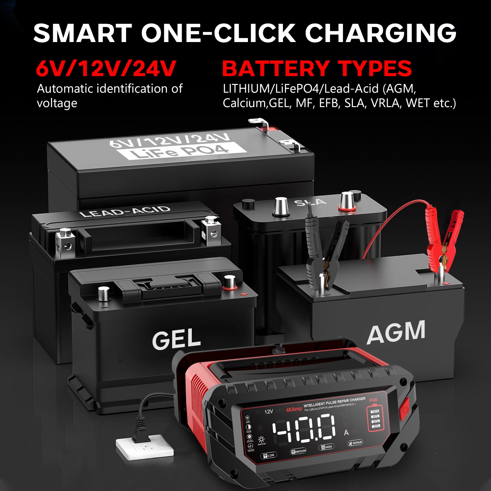 40-Amp Battery Charger, 12V/24V Lead Acid LiFePO4 Smart Battery Trickle Charger