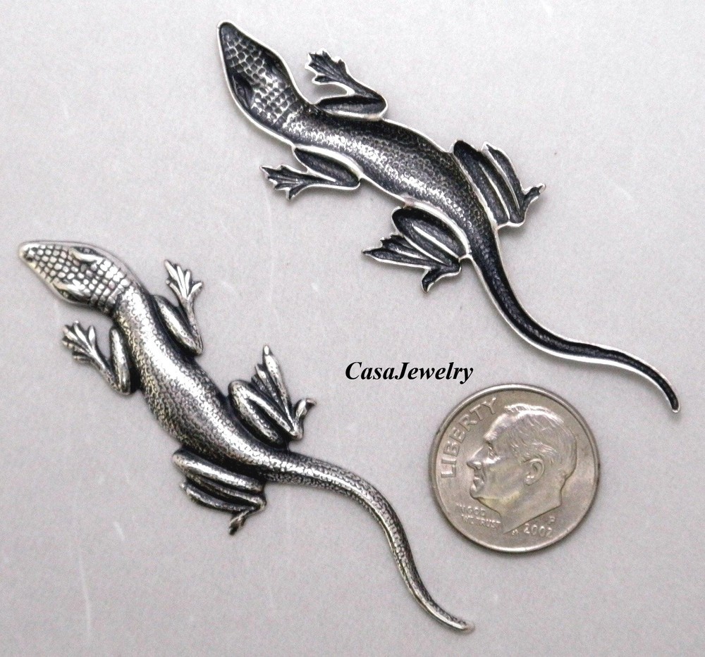 #4175 MEDIUM ANTIQUED STERLING SILVER PLATED LIZARD COMPONENT - 2 Pc Lot