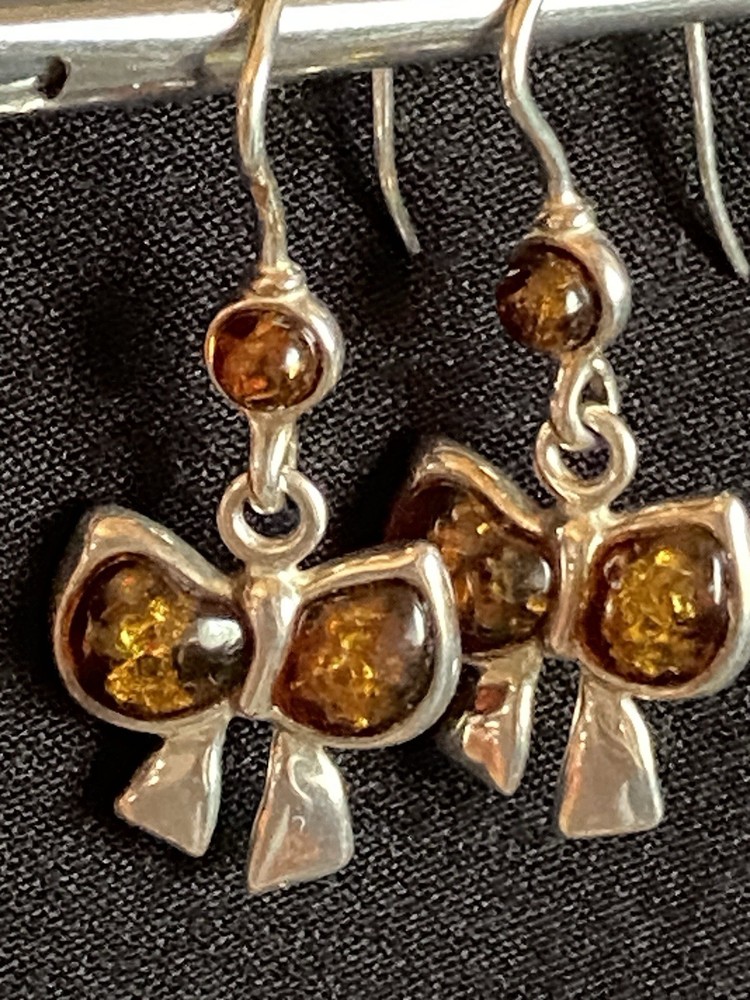 Серьги винтаж серебро, 925 проба, Камень Янтарь, Бантики