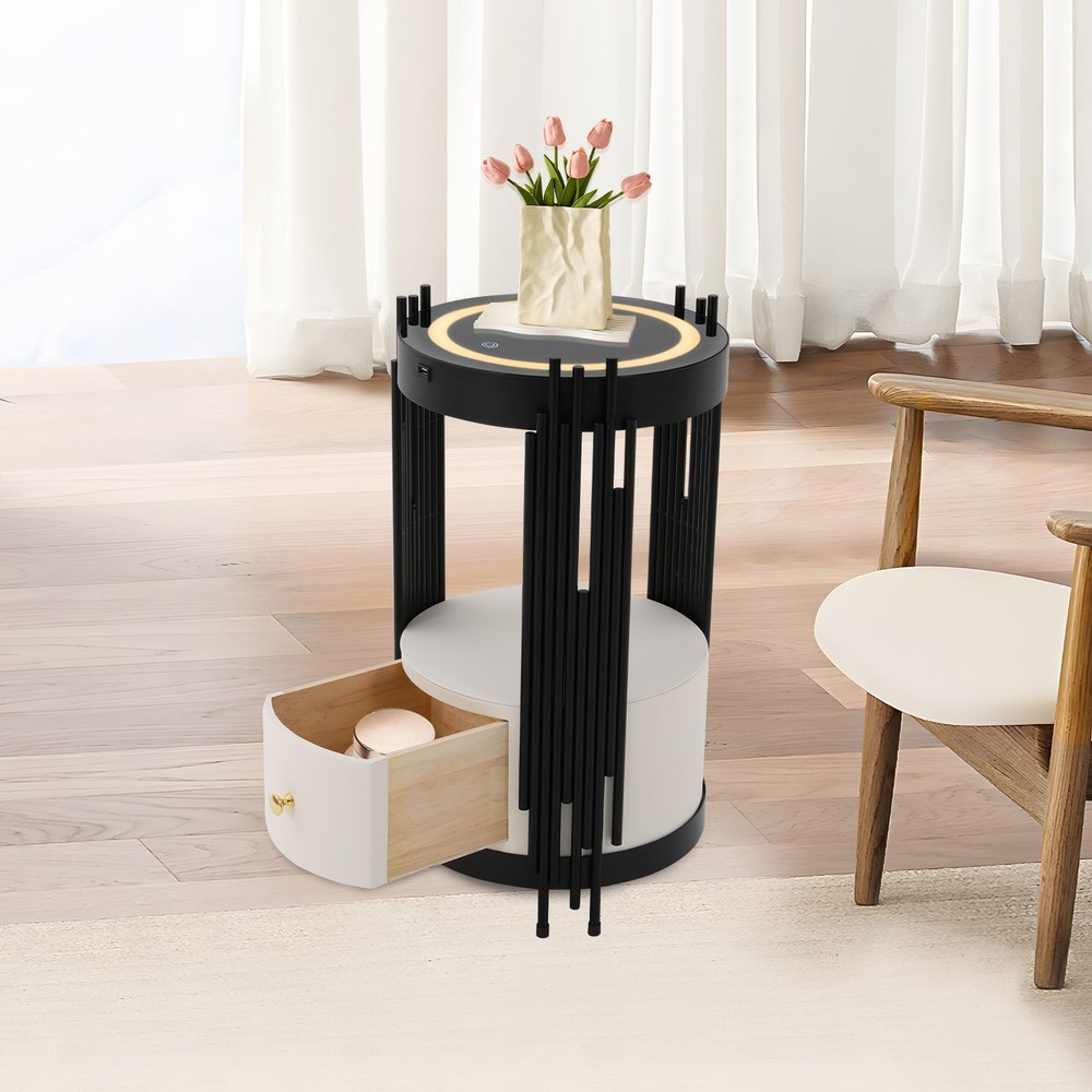 LED Bed Side Table Smart Nightstand w/ Wireless Charging Station Side/End Table