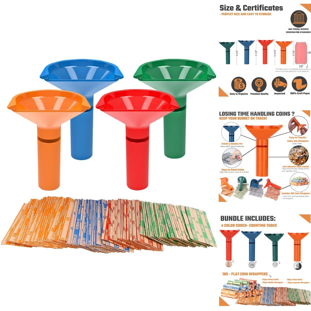 Coin Storage & Sorter Solutions 4 Coded Tubes 100 Assorted High-Quality Wrappers