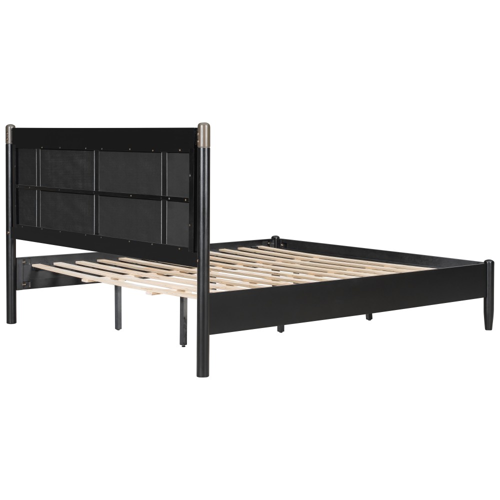 Solid Wood King Bed Frame w/ Upholstered Headboard, 600lb Support, Black