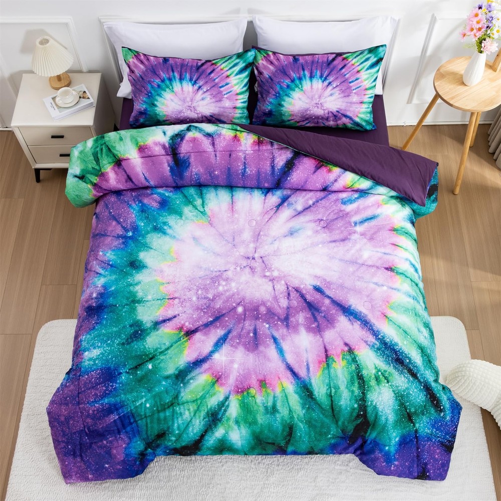 Bedding Tie Dye Galaxy Comforter Set, Psychedelic Swirl Pattern Colorful Boho...
