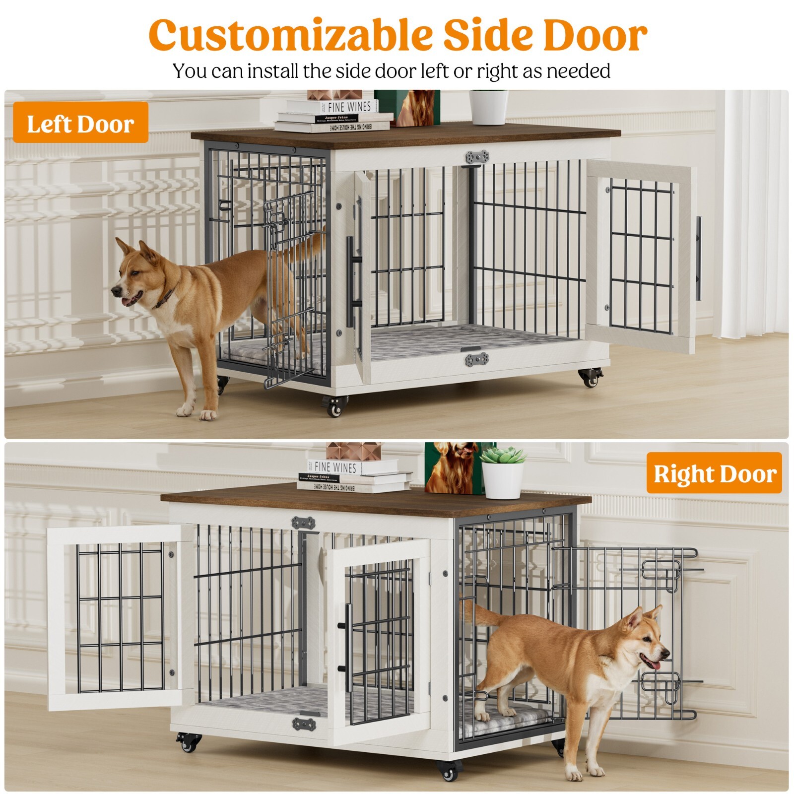 Dog Crate Furniture Dog Kennel Indoor Double Doors Wooden Cage & Cushion White