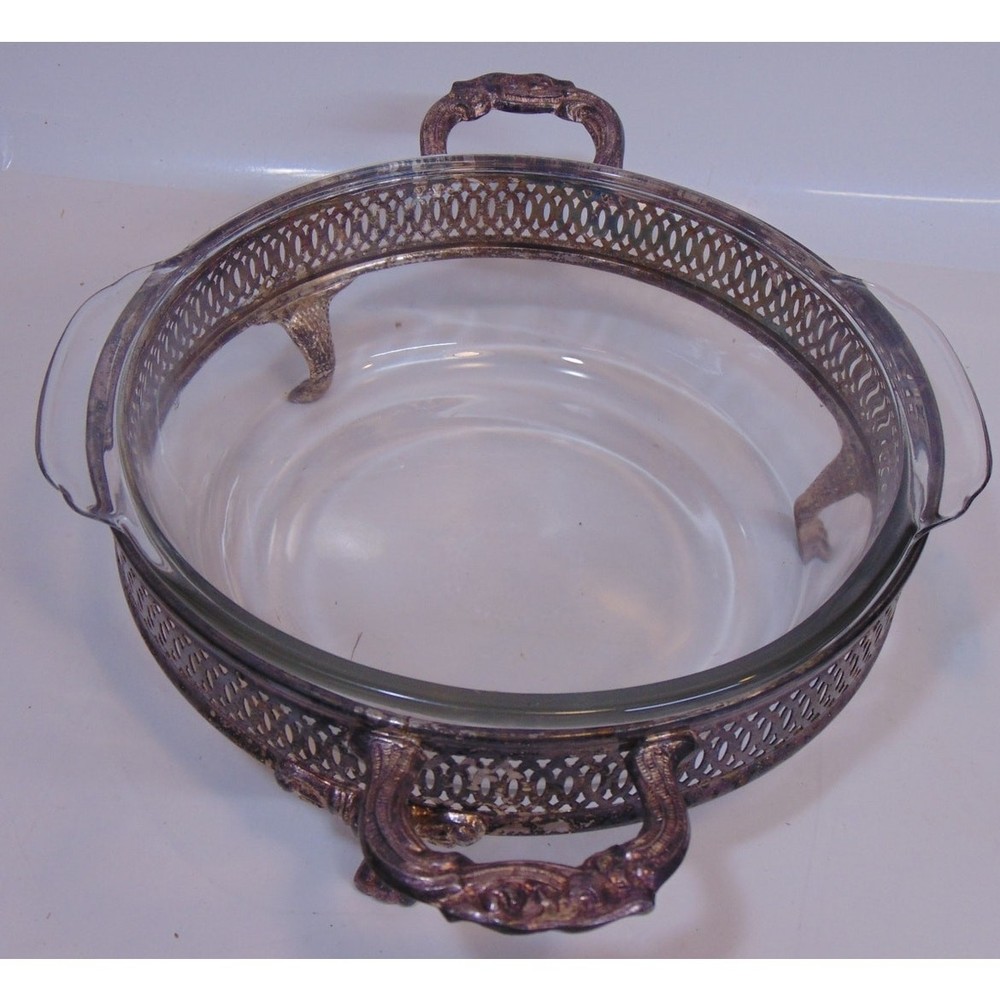 Casserole Dish Vintage Silver Plate Covered Footed 9" Glass Fancy Buffet Elegant