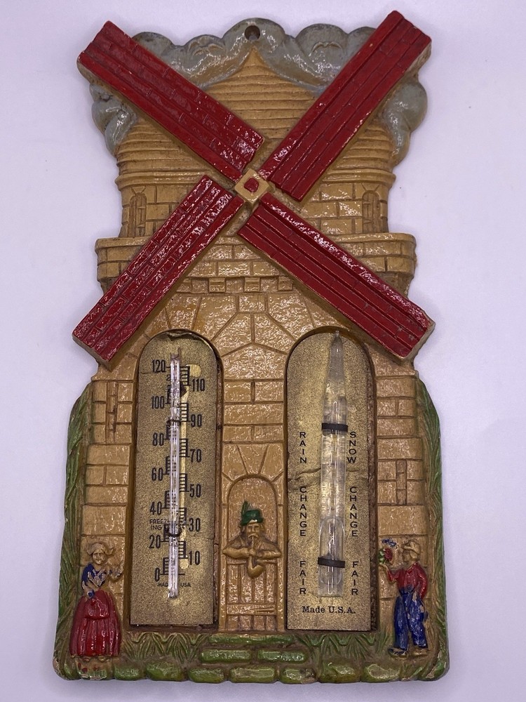 Vintage Thermometer Barometer Dutch Windmill Plastic