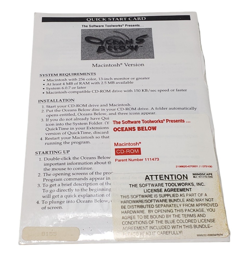 Ocean's Below for Macintosh Computers CD-ROM Software Toolworks NEW SEALED
