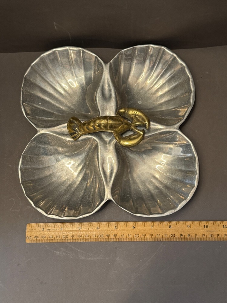 SILVER TONE SCALLOPED SHELL BRASS LOBSTER HANDLE DIVIDED CANDY NUT DISH TRAY