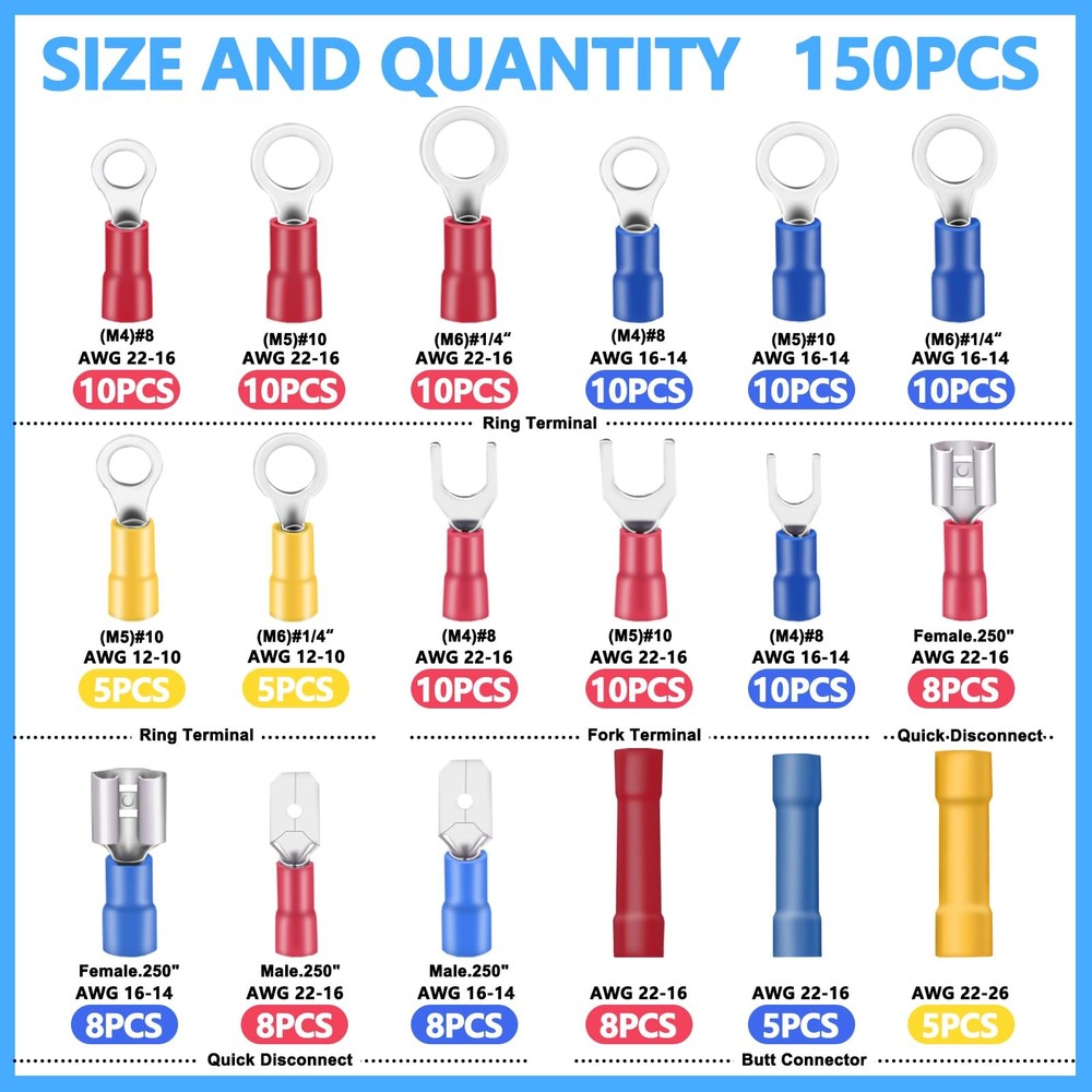 150PCS Mixed Quick Disconnect Electrical Insulated Butt Bullet Spade Fork Rin...