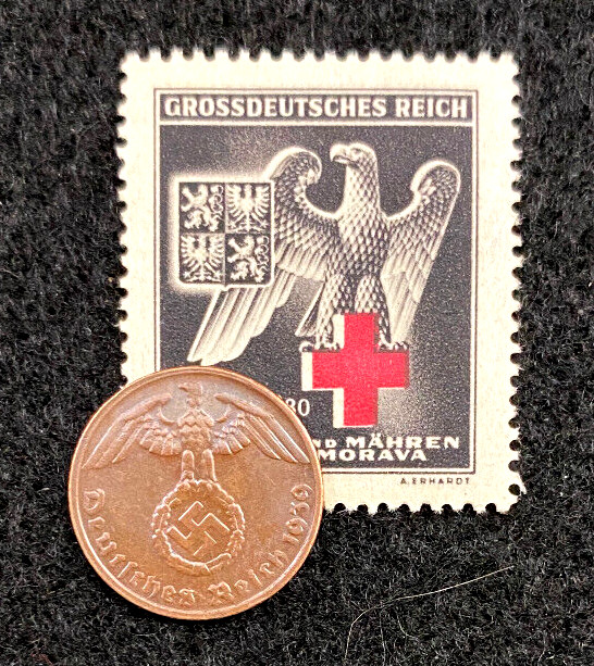 WWII Germany 1 Reichspfennig Bronze Coin (1936-1940) & Black Eagle Stamp