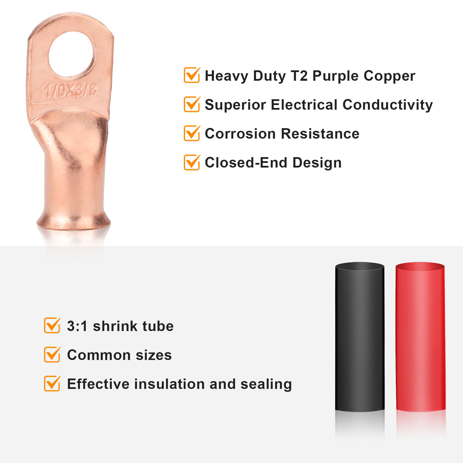 40 pcs 1/0 AWG Gauge Copper Lugs w/RED & BLACK Heat Shrink Ring Terminals Set US