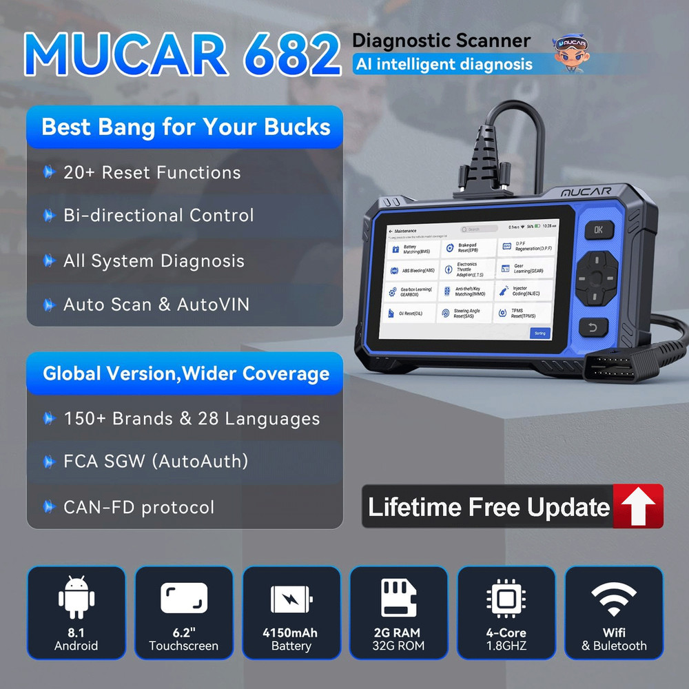 MUCAR 682 AI-Assisted Full System Diagnostic Tool Active Test Scanner 20+Resets