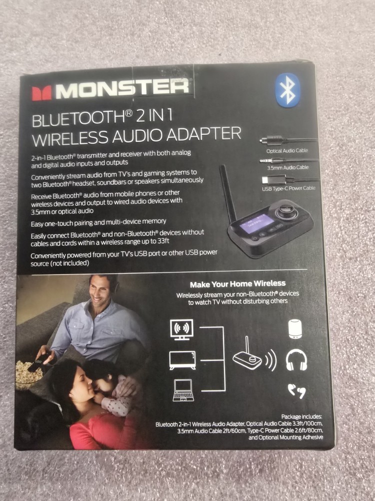 Monster Bluetooth 2 In 1 Wireless Audio Adapter - Black New in Box