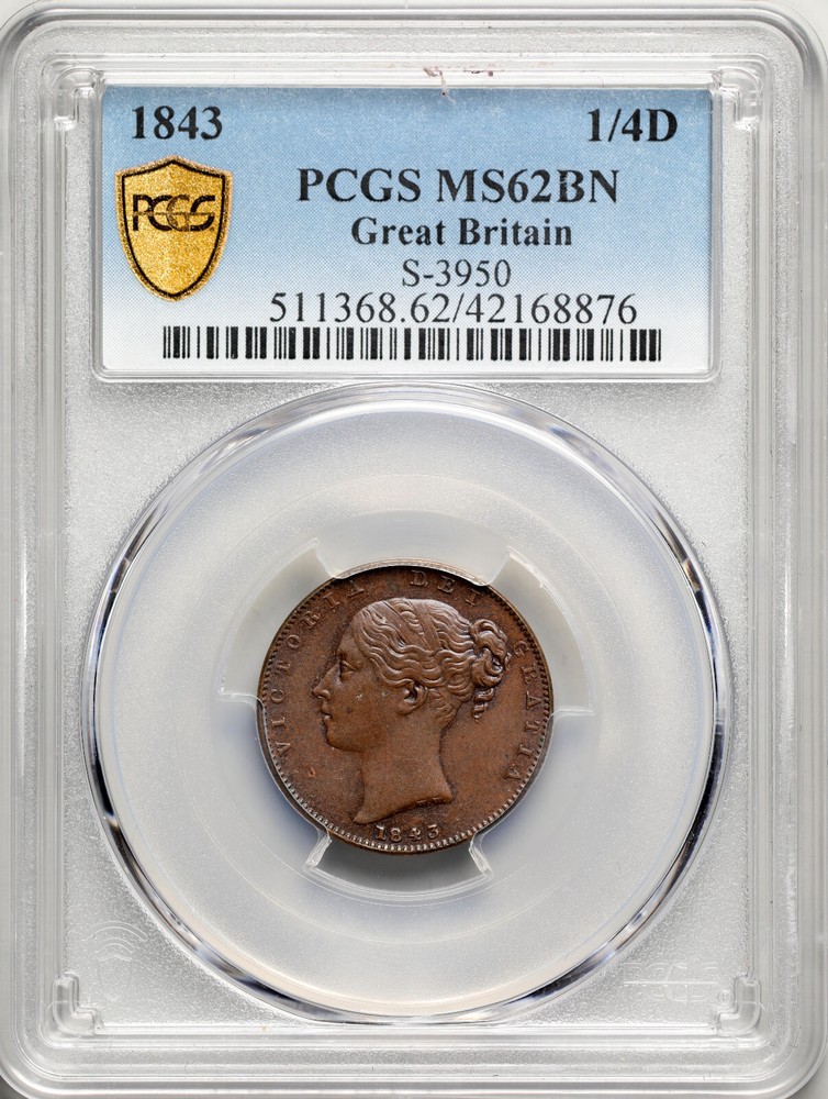 1843 Great Britain Farthing, PCGS MS62 BN