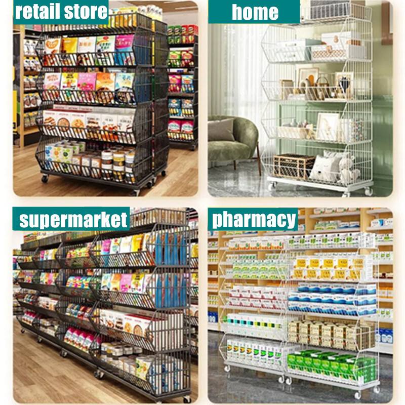 5 Tier Wire Grid Retail Display Shelf Merchandise Display Rack Stand W/ Wheels