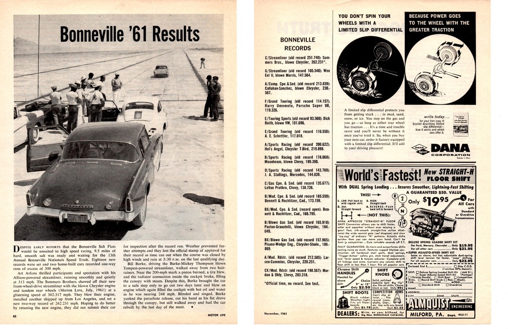 1961 BONNEVILLE RESULTS ~ ORIGINAL 2-PAGE ARTICLE