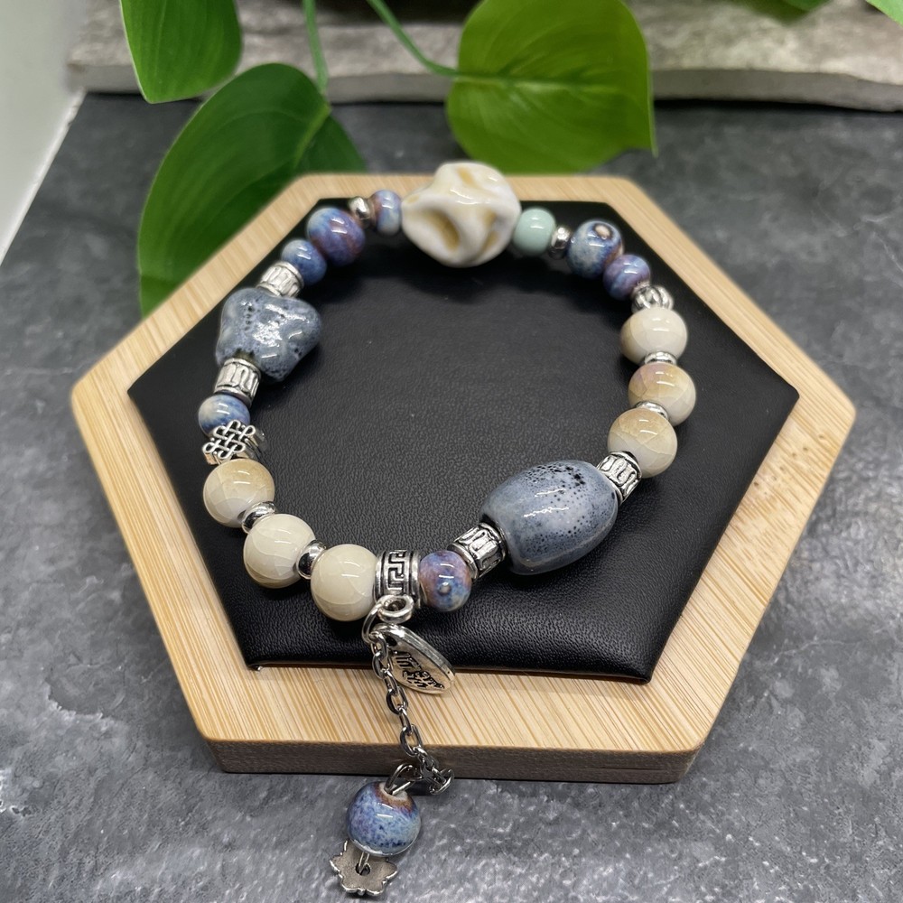 Handmade Ceramic Bead Beaded Stackable 7” Plus Stretch Bracelet New B411