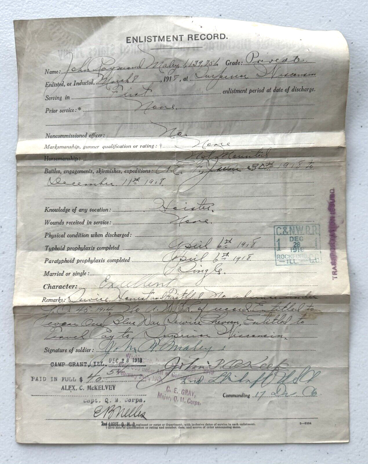 1918 WWI HONORBLE DISCHARGE PAPERS FROM THE UNITED STATES ARMY PRIVATE MALEY