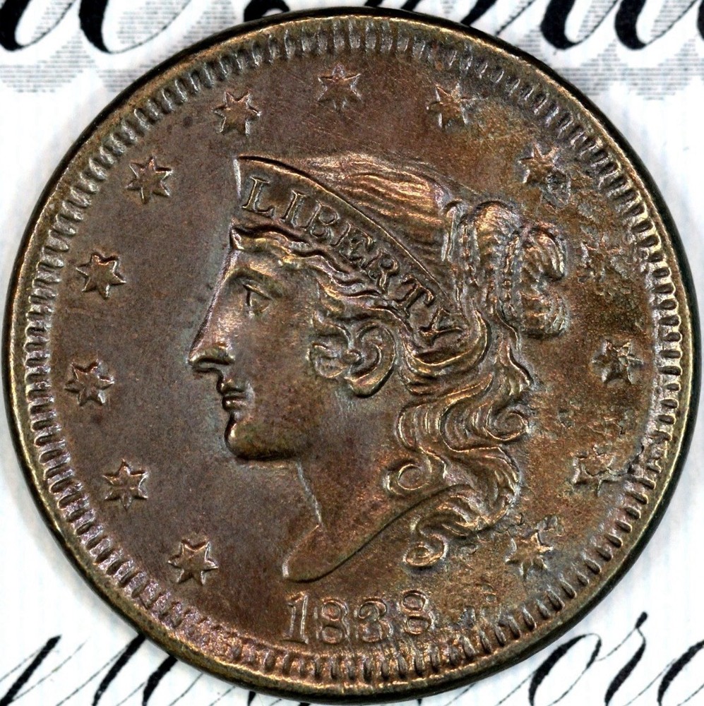 1838 SOLID+ GEM BU MS CORONET HEAD LARGE CENT DC487 FROM MATTHEWS HOARD