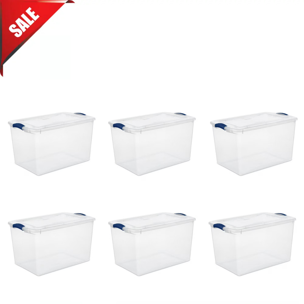 (6 pack) Sterilite Large Storage Bin, 66 Quart Clear Plastic Storage Container