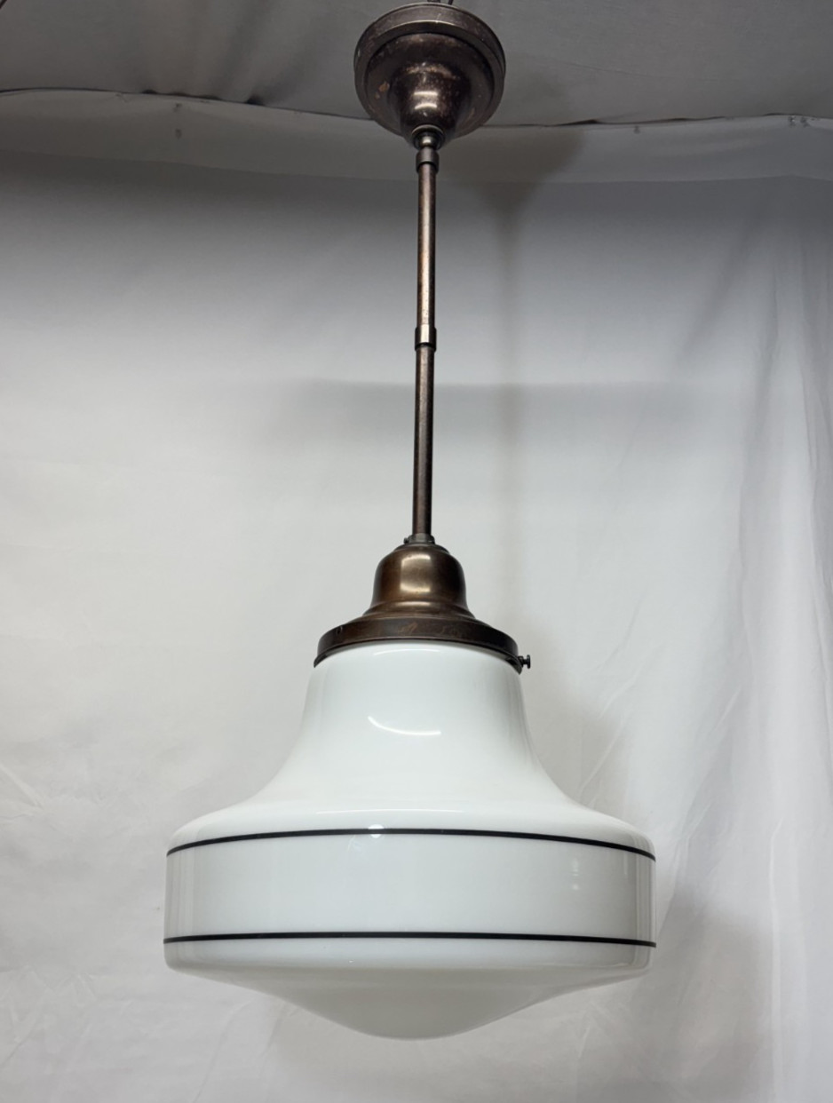 Schoolhouse Ceiling Light Fixture Vtg Art Glass Shade Black Stripes USA #L43