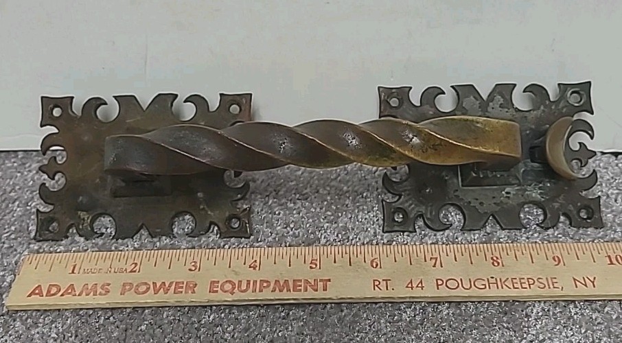 Antique Victorian 10" Brass Twisted Bar Door Pull Handle Set with Backplates