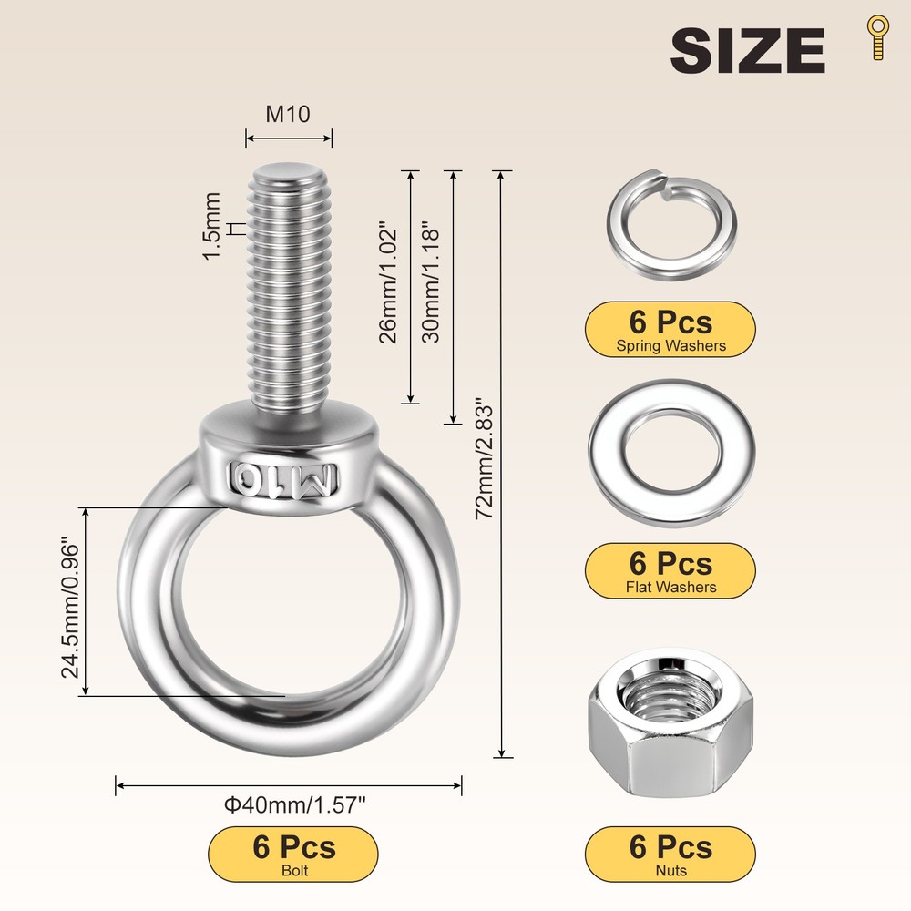 Shoulder Eye Bolt with Flat Washers & Nuts & Spring Washers (M10x30mm) 6Set