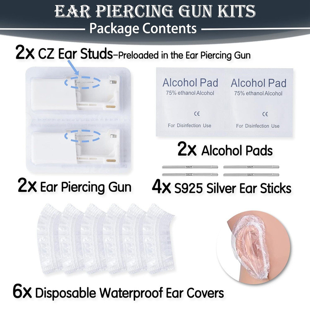 Ear Piercing Kit, 2 Pcs Disposable Ear Piercing Gun with Preloaded Ear Stud, at