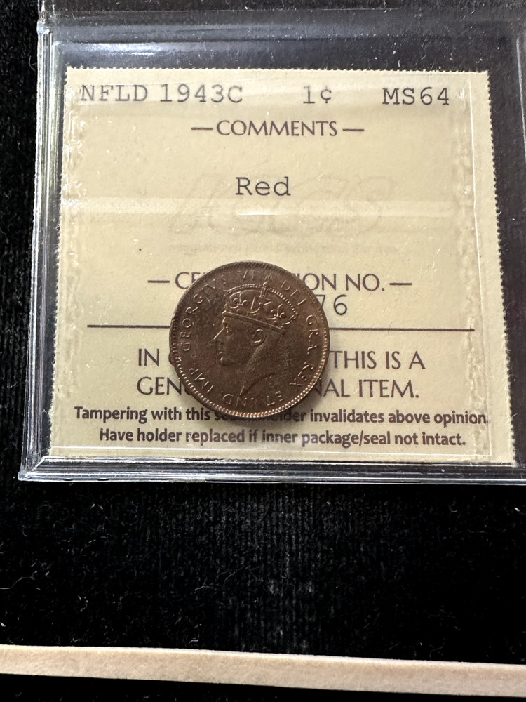 1943c   Newfoundland Small ¢1 Cent, ICCS Graded**MS-64** Cert# XEV 876