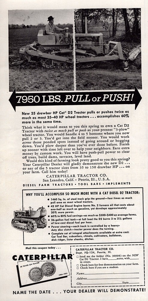 1955 Caterpillar D2 Tractor "7950 Lbs Pull or Push" Original Ad