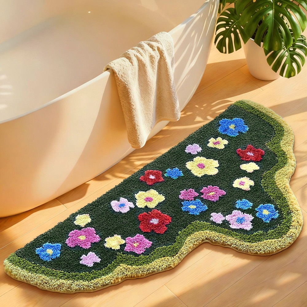 Cute Green Moss Bathroom Runner Rug Long Rectangular Boho Aesthetic Leaf Leaves