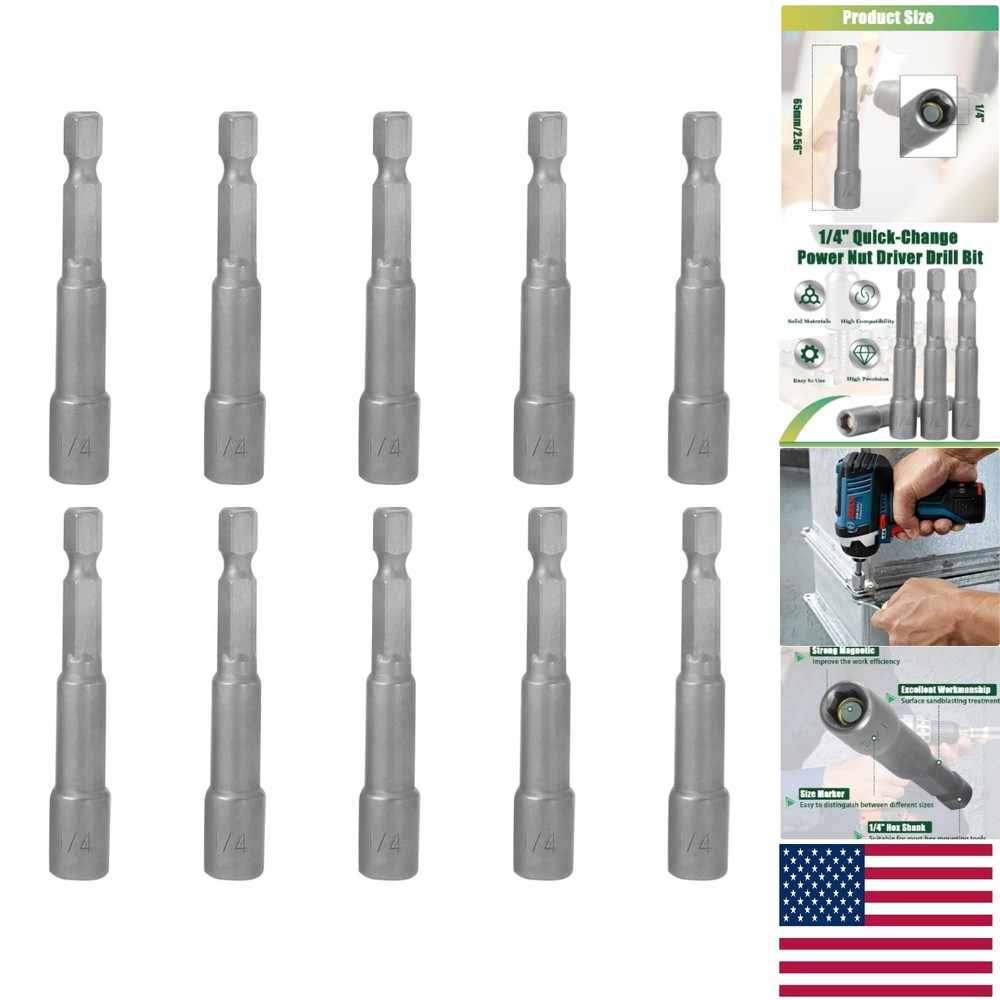 10-Piece 1/4" Hex Shank Magnetic Nut Driver Bit Set - Quick Change, Durable
