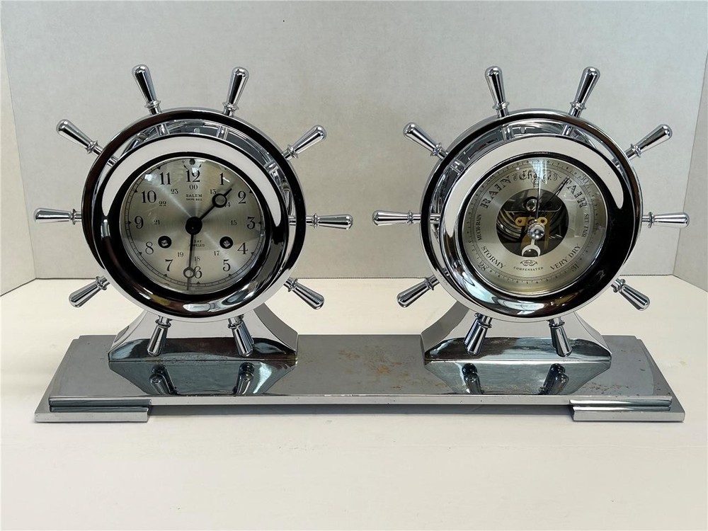 Salem Ship's Bell Clock & Barometer - Ship's Wheel Chrome Case Set