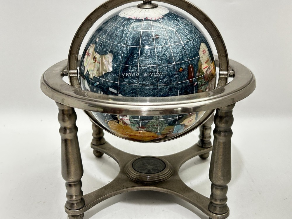Blue Table Top Gemstone World Globe Silver Tripod