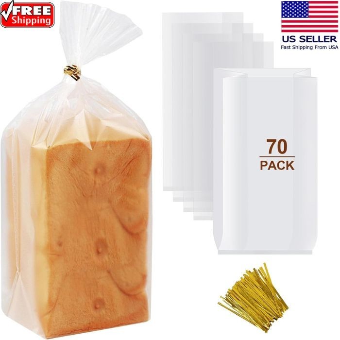 70 Pack Bread Bags with 100 Ties – 8"x4"x18" Clear Reusable Plastic Loaf Bags