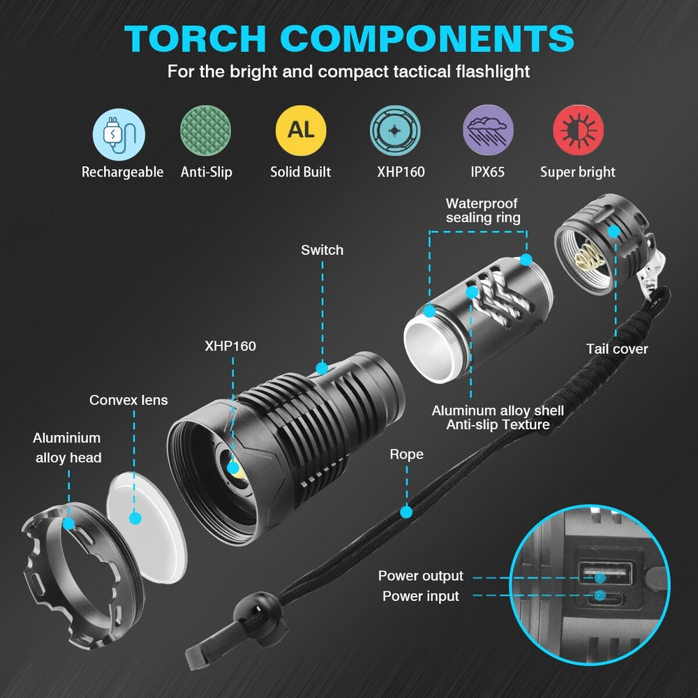 Super Bright 9000000Lumen XHP160 LED Flashlight Rechargeable High Powerful Light