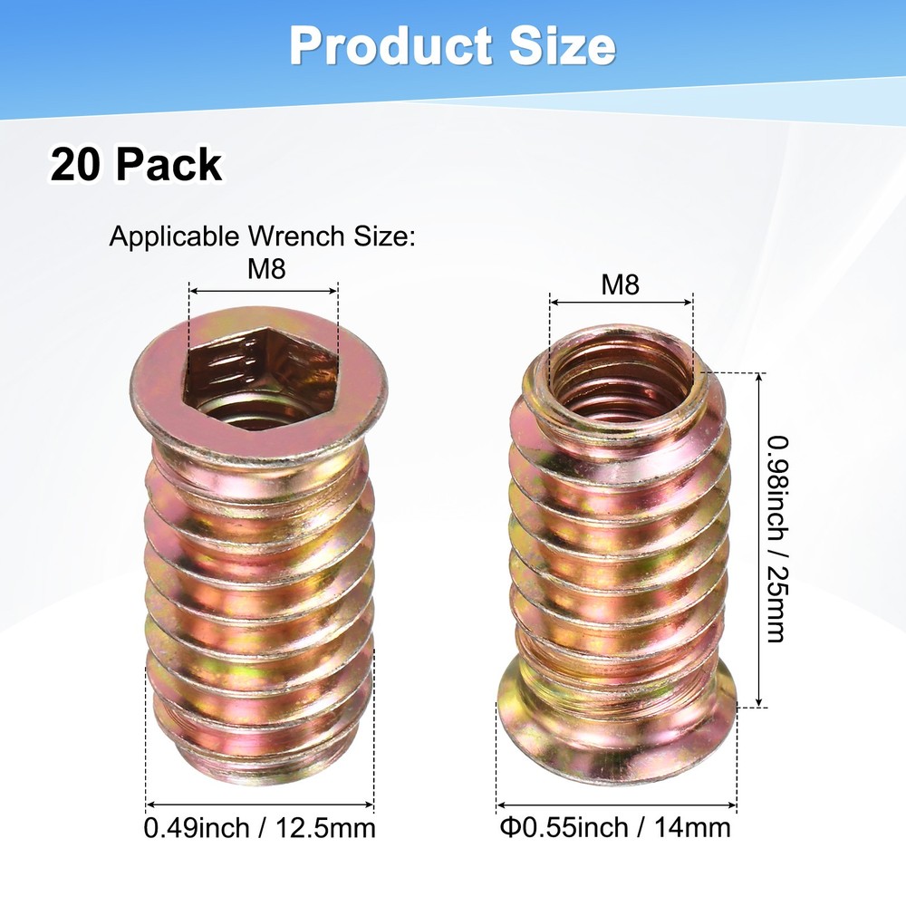 20-Pack Threaded Inserts for Wood, M8x25mm Threaded Insert Nuts [Gold Tone]