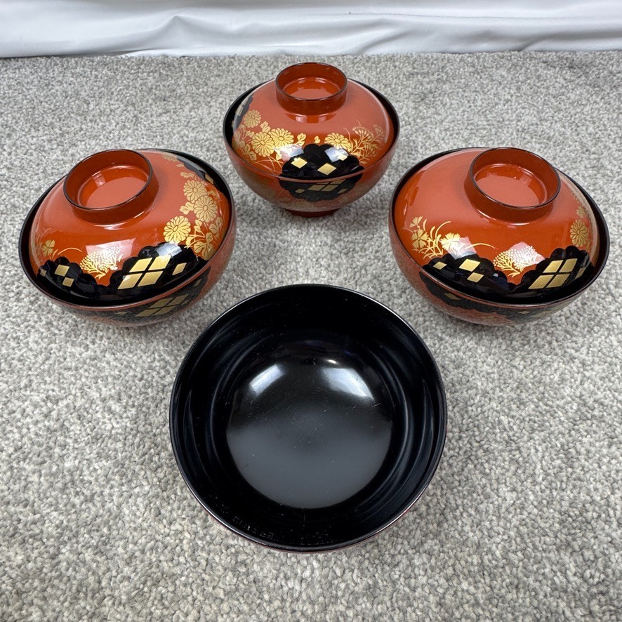 5 Showa Period Wajima-Nuri Owan Serving Bowls 3 Lids & Lacquered Wood Tray Japan