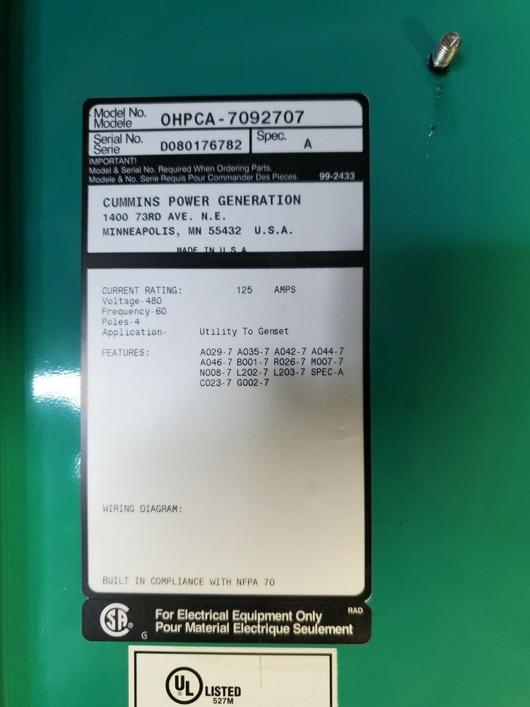 😎 CUMMINS 125 AMP AUTOMATIC TRANSFER SWITCH 480 VAC 4 POLE OHPCA-7092707