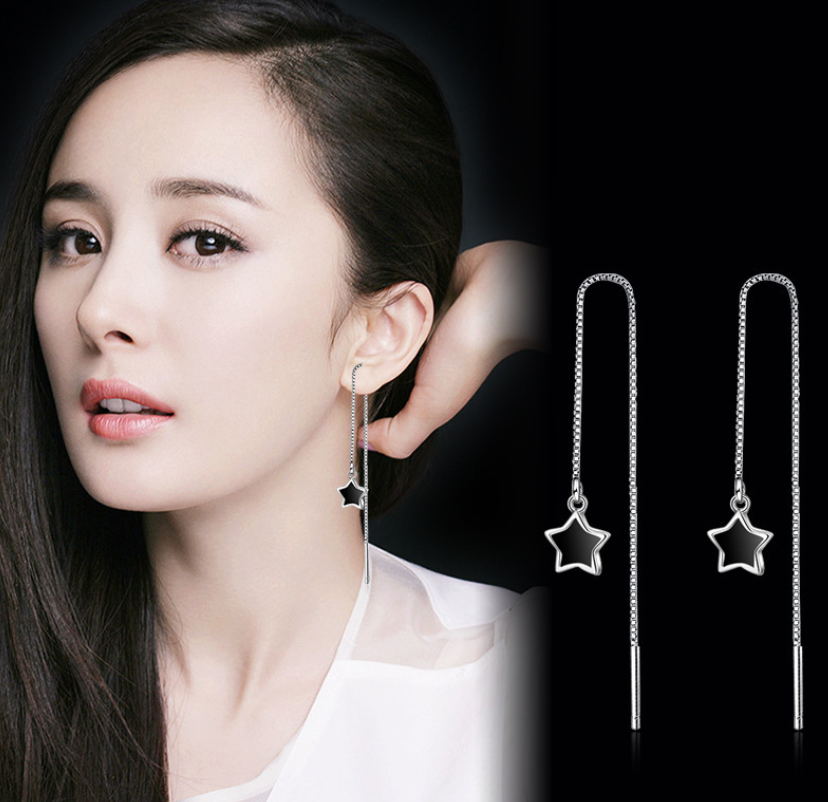 Black Enamel Star Threader Earrings Long Chain Drop Dangle 925 Silver Plated TH4