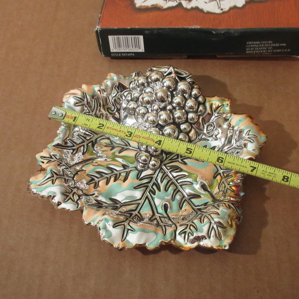 Vtg NOS w/Box GODINGER Silver Plate Candy Dish Grape Cluster & Leaf Design 7"×7"