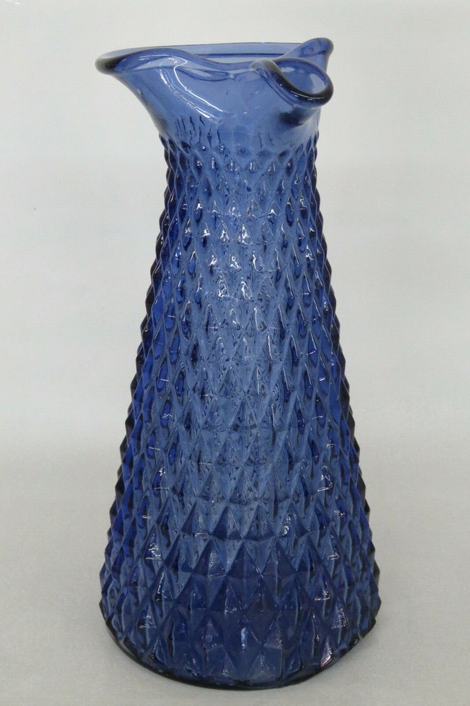 Diamond Point Pattern Blue Glass Pitcher Decanter Formed Spout Vase 2029B