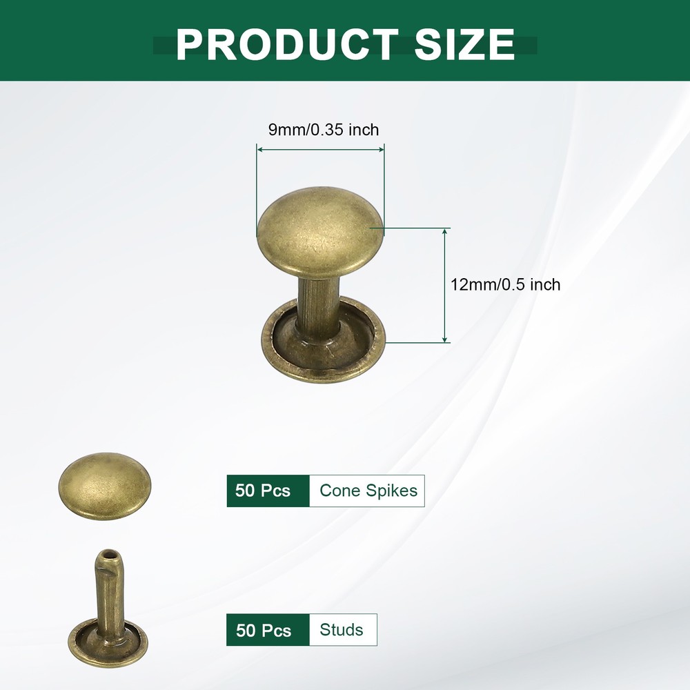 50 Sets Double Cap Leather Rivets, 9x12mm Round Cap Metal Studs, Bronze