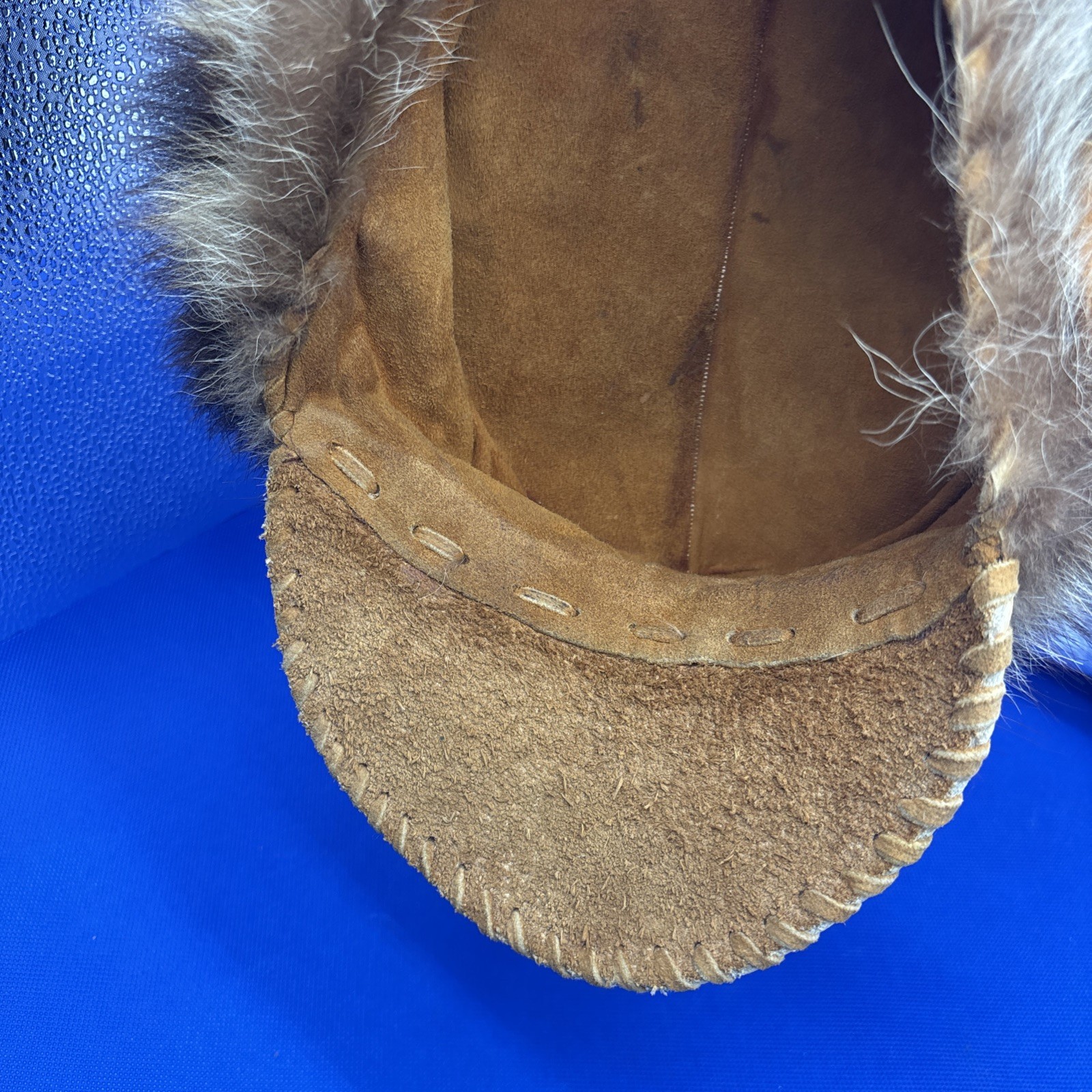 Custom Native American Racoon fur hat with Leather Brim + Beaded Accents Size M