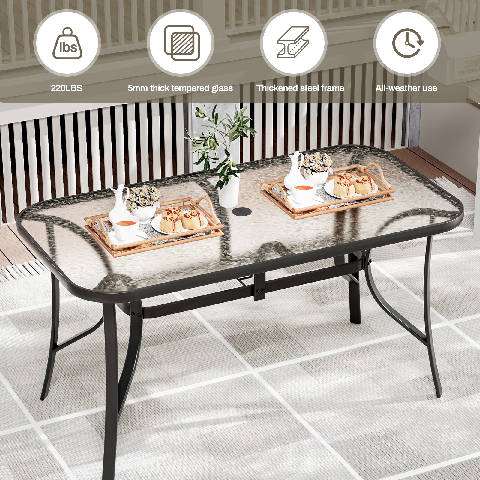 Patio Dining Table Garden Rectangular Tempered Glass Table for Patio & Backyard